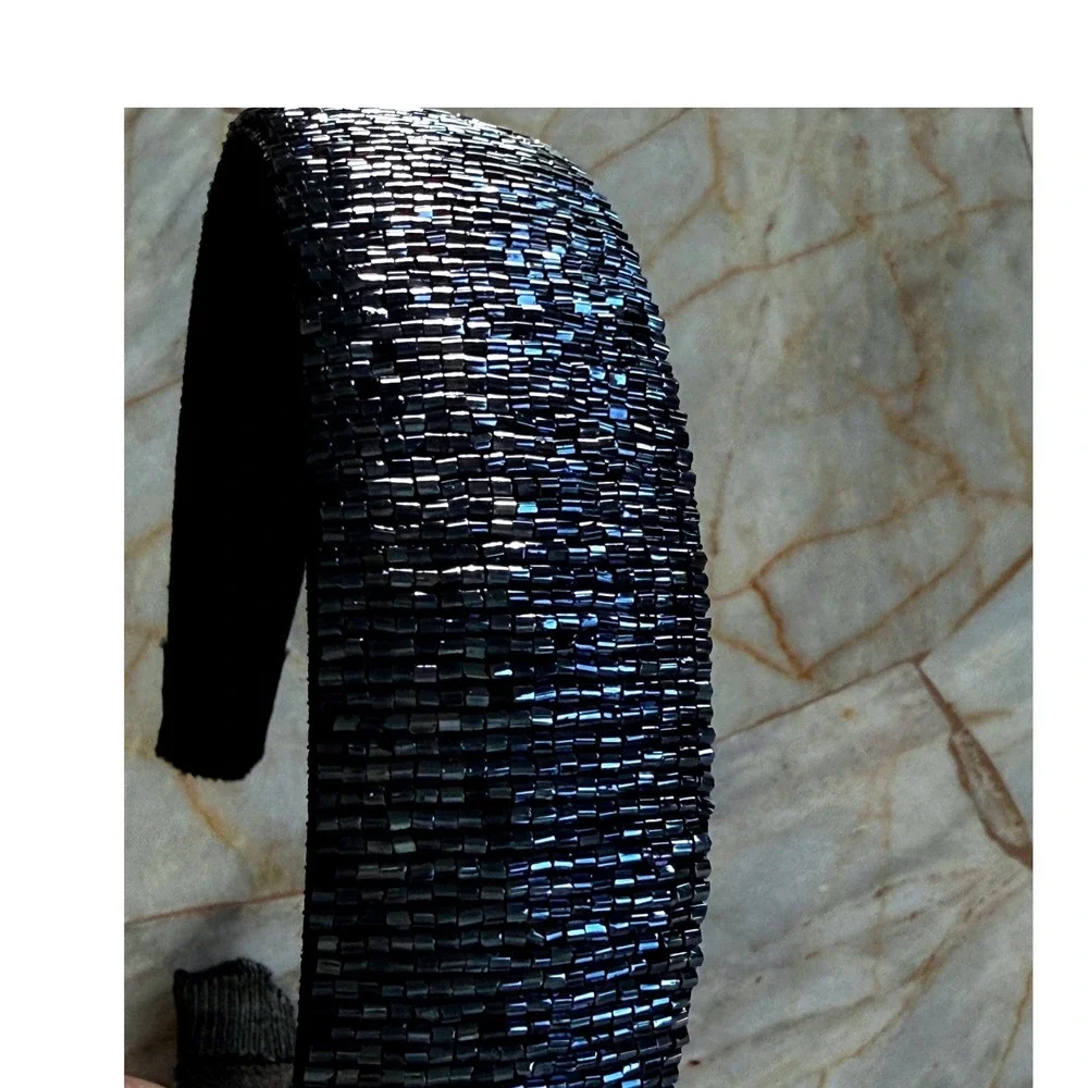 Gunmetal Beaded Headband Metallic Black Bugle Bead Hair Accessory Hand Beaded